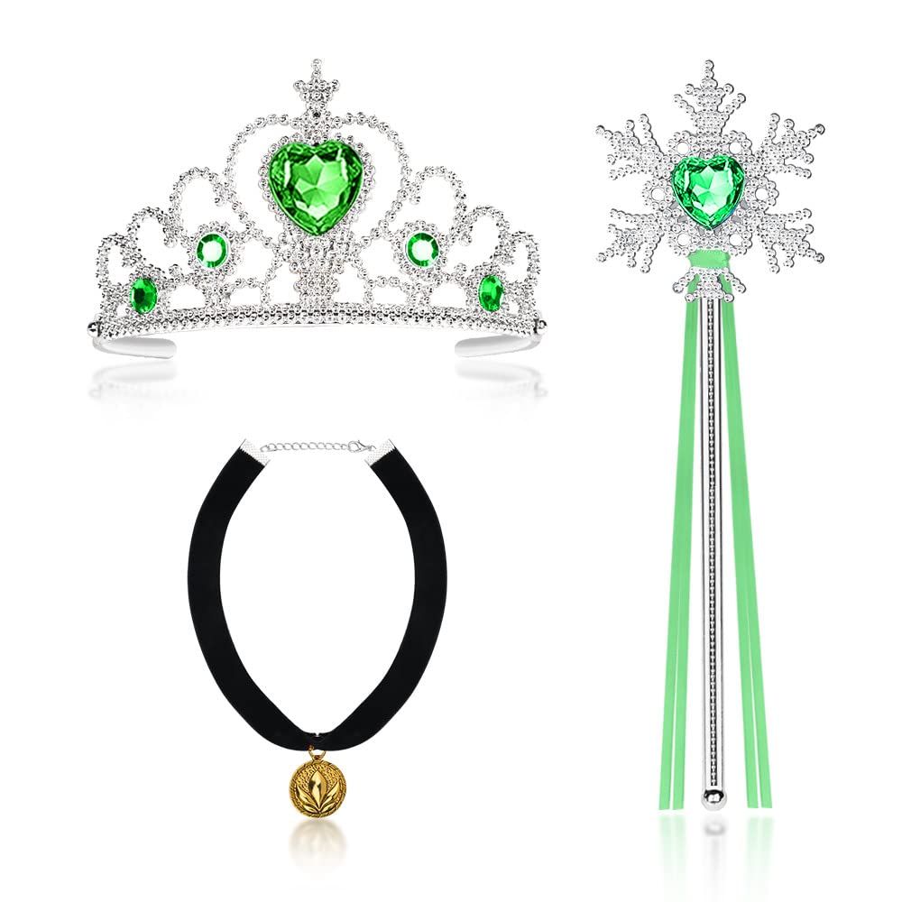 Vicloon 3PCS Nuovi Costumi da Principessa, Principessa Corona, Bastone da Neve Principessa, Collana di Flanella Nera con Pendente, Principessa Partito Costume Cosplay Vestire (Verde)