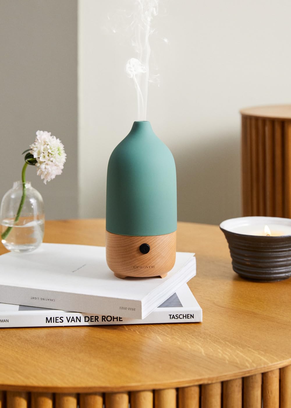 CREATE/AROMA CERAMIC/Diffuseur d'arômes et mini humidificateur avec lumière vert sauge/Réservoir 100 ml, pièces jusqu'à 20-35 m², 7 couleurs de lumières LED, fonction aromathérapie, 5 W