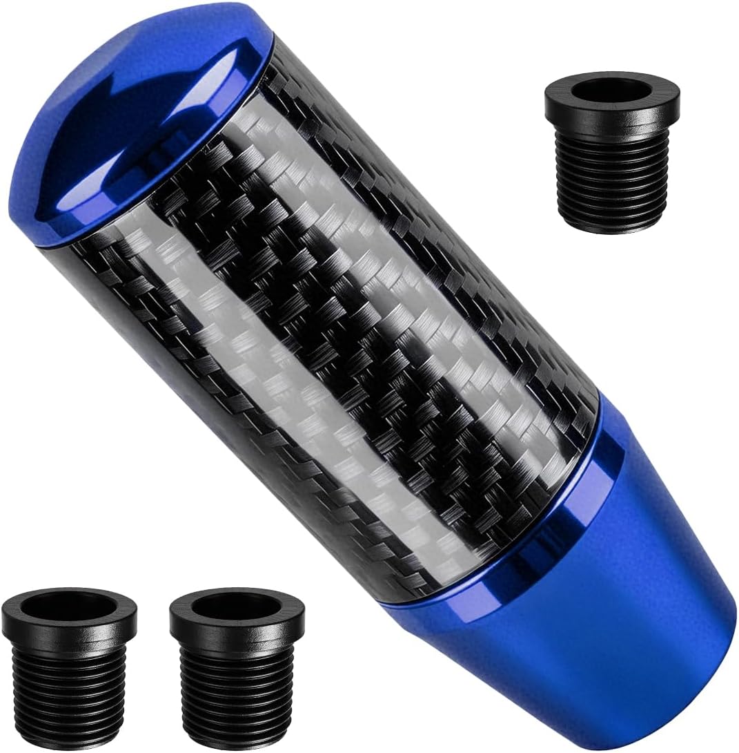 Carbon Fiber Car Shifter Knob, Universal Buttonless Automatic Manual Gear Stick Head Handle Replacement with 3 Threaded Adapters M8 M10 M12, Fits Most Sedans, SUVs, Trucks (Blue)