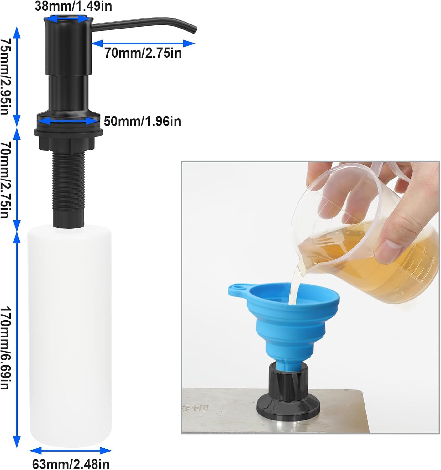 Soap Dispenser for Kitchen Sink, Kitchen Sink SoapDispenser Pump, Refill from The Top, Sink Soap Dispenser with 17OZ Large Liquid Bottle, Black (2 Scrub Sponges)