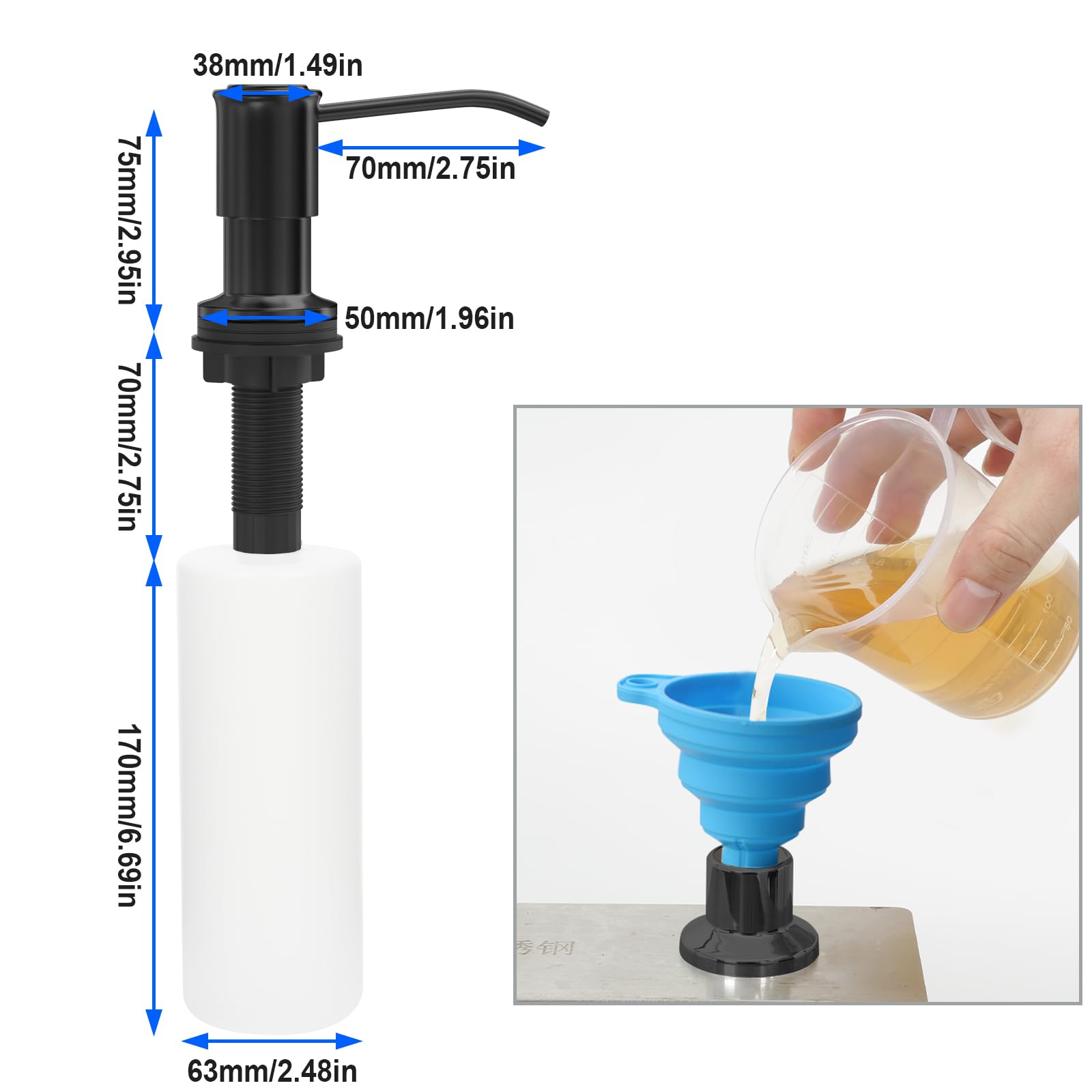 Dispensador de jabón para fregadero de cocina, bomba dispensadora de jabón para fregadero de cocina, recarga desde la parte superior, dispensador de jabón para fregadero con botella líquida grande de