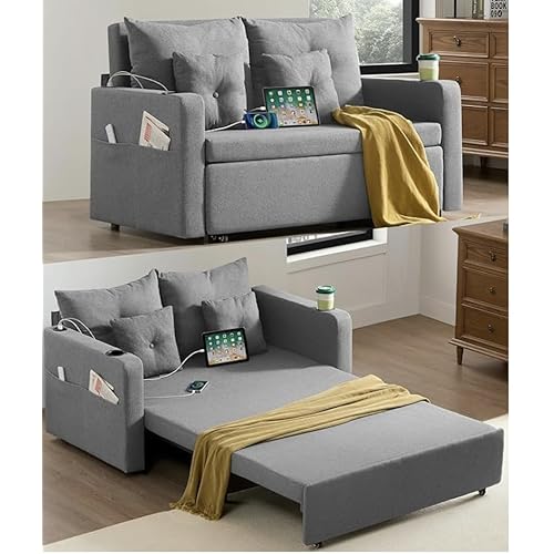 Hetoy 3 in 1 Convertible Sleeper Sofa Bed Loveseat Couch, Full Size Sofa, Love Seat Pull Out Bed, Grey