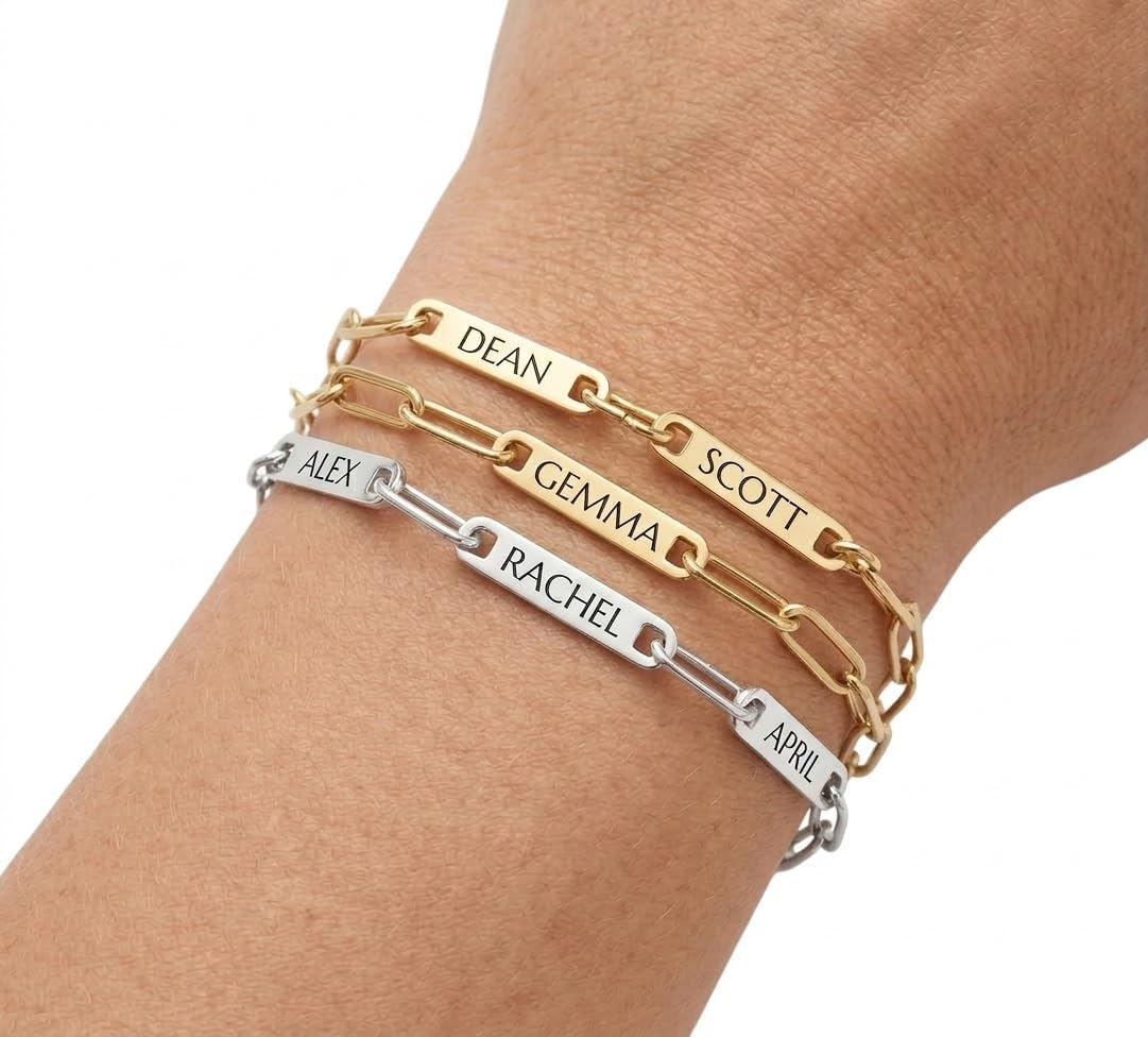 Personalized Name Paperclip Bracelet for Women – Custom Engraved Stainless Steel Name Plates (1–5) – Adjustable 7” + Extender Chain – Gold or Silver – Gift for Mom Grandma