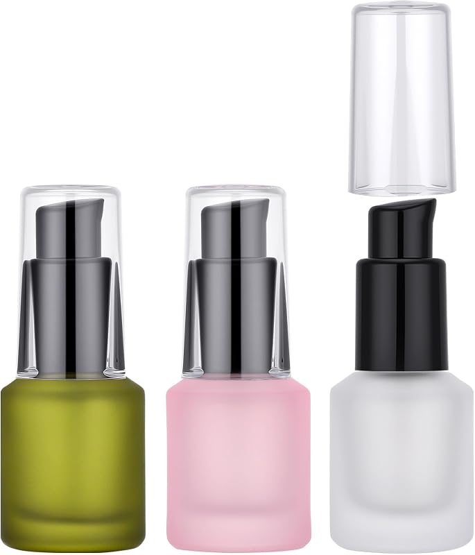 Segbeauty Frasco de Vidro Fosco com Bomba para Loção, 15 mL, Recarregável, Cores Sortidas, Pacote com 3