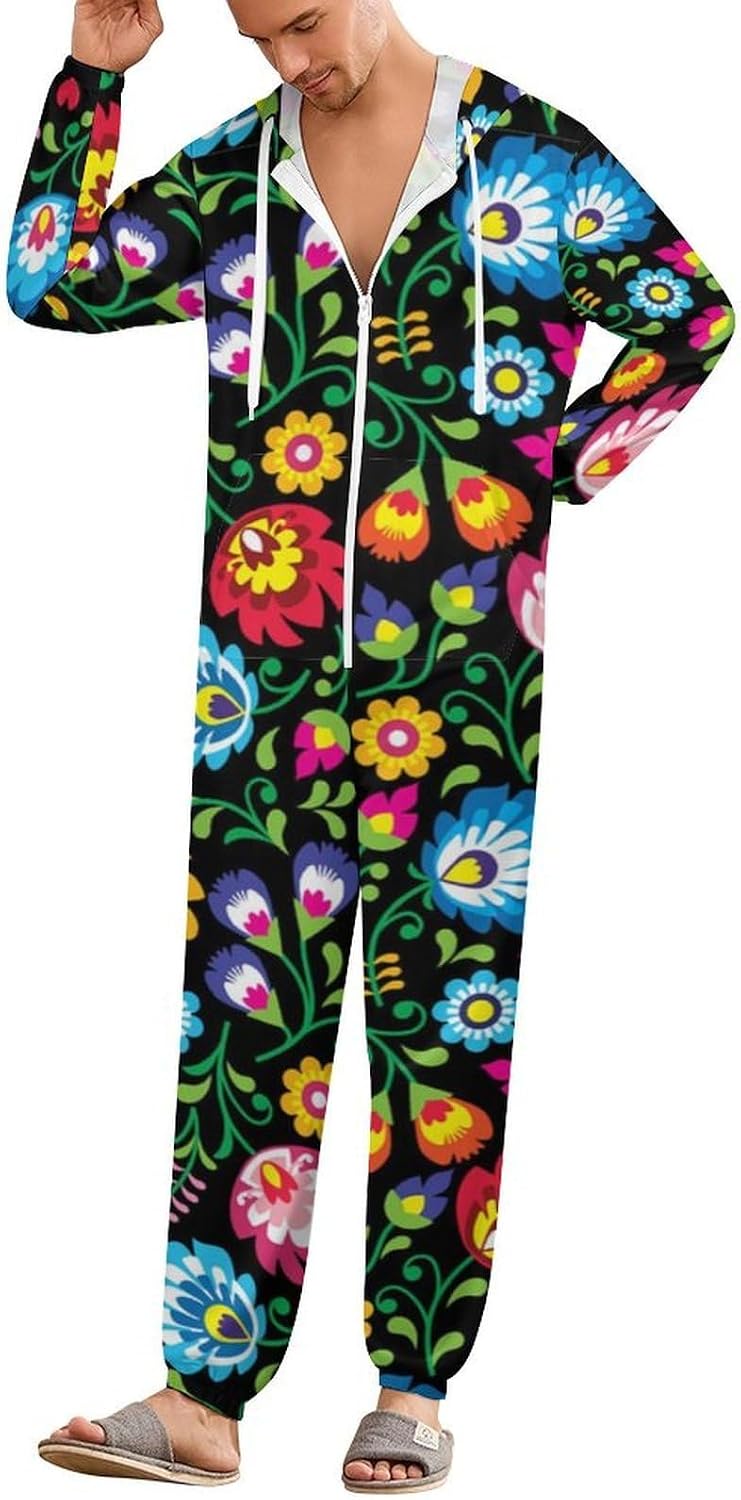 Polish Floral Folk Art Poland Flowers Adult Pajamas Onesie with Hood Pocket Jumpsuits One Piece Sleepwear