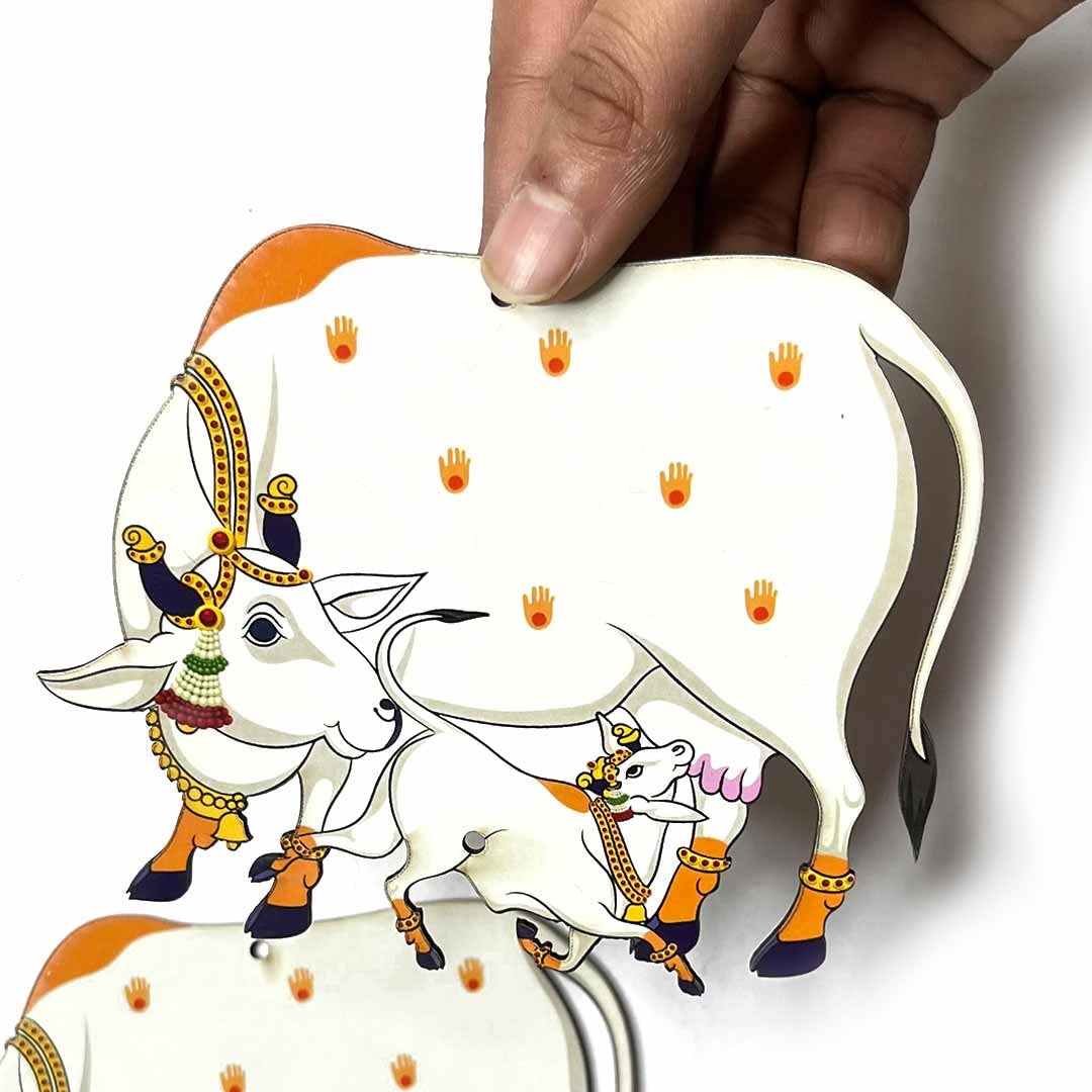 Adikala Pichwai Cow with Calf MDF Design Cutout for Diwali | Dussehra | Rangoli | Pooja | Festival Gift | Wedding Decorations-5inch (Set of 12)