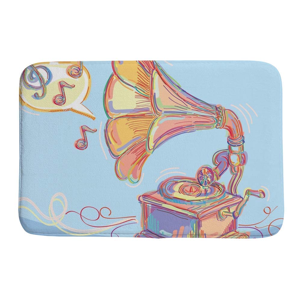 Tapis de bain velours corail bleu rectangulaire 91x61 cm avec motif musical rétro antidérapant