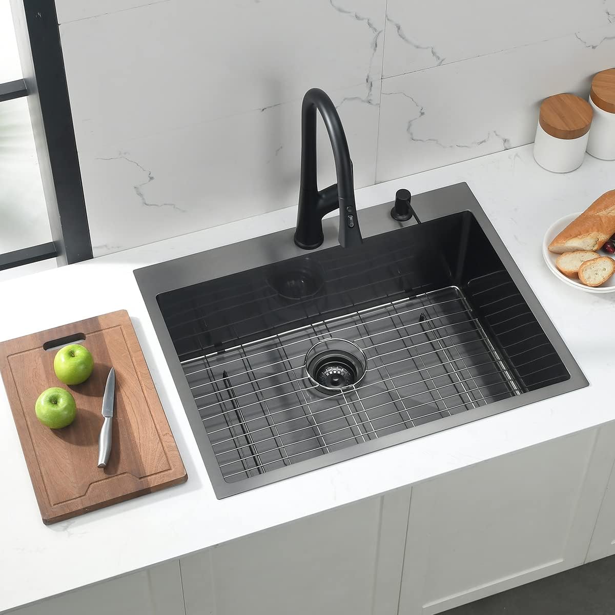 28 Inch Drop In Black Stainless Steel Kitchen Sink, Doirteal 28 x 22 x 10 Inch Matte Black Kitchen Sink 16 Gauge Stainless Steel Topmount Single Bowl Sink Single Basin with Bottom Grid