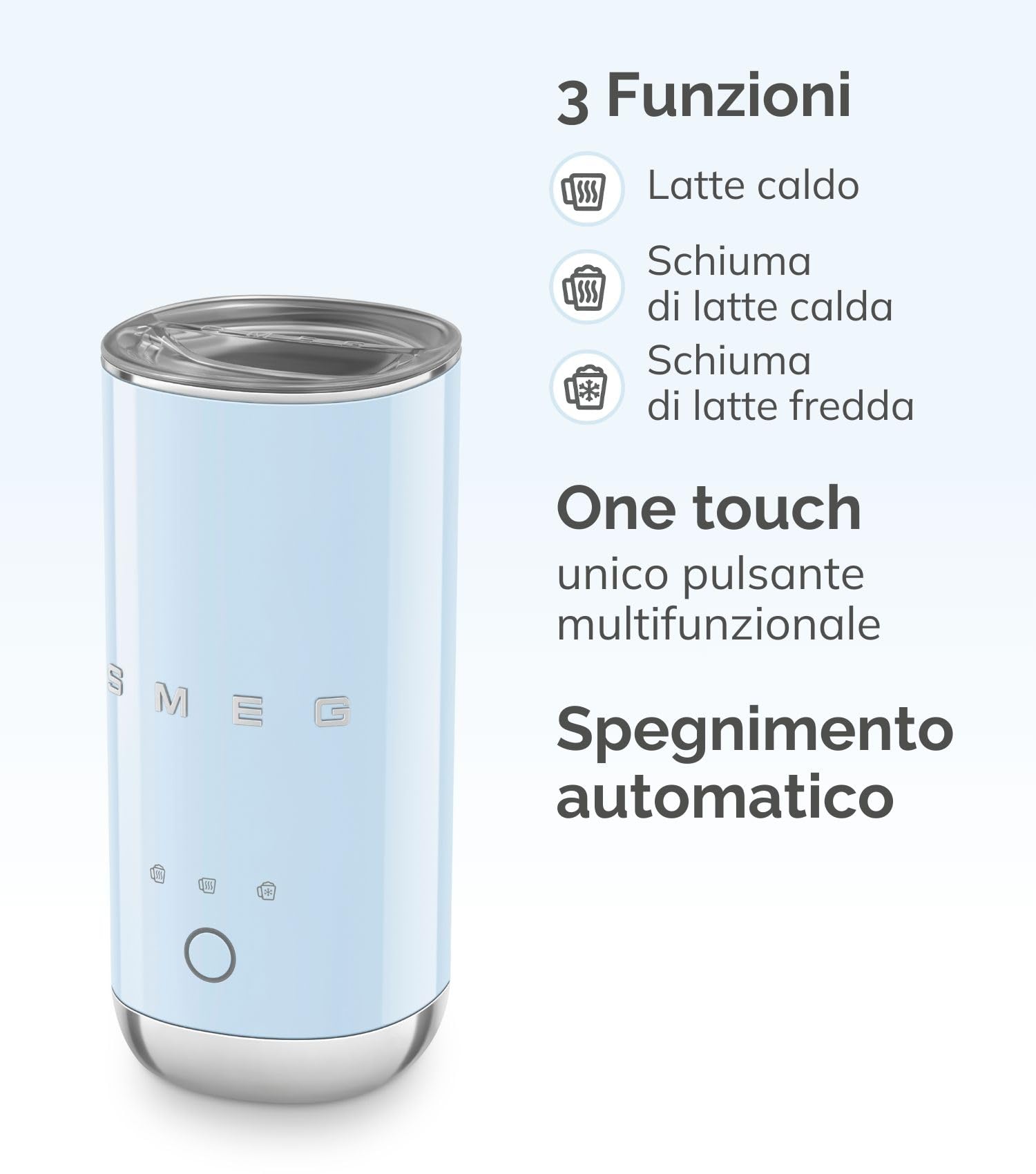 Smeg, Montalatte Elettrico MFF02WHEU, 3 Funzioni Bevanda, Frusta Removibile, Rivestimento Ceramico Antiaderente, 500 W, Bianco