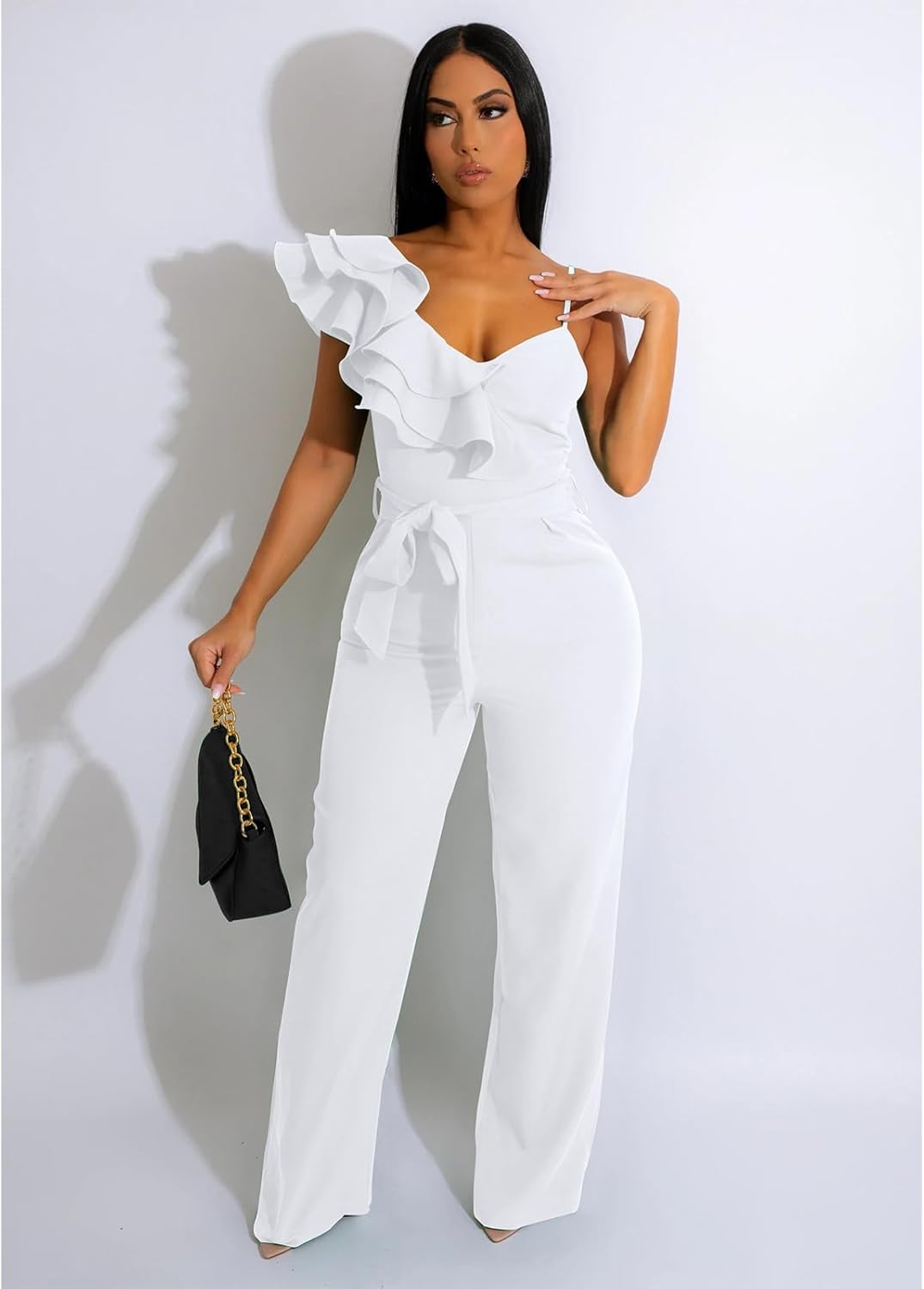 kaimimei Womens Casual Jumpsuits V-Neck Sleeveless Ruffle Backless Belted Wide Leg Pant Sexy Romper Party Clubwear - Image 3