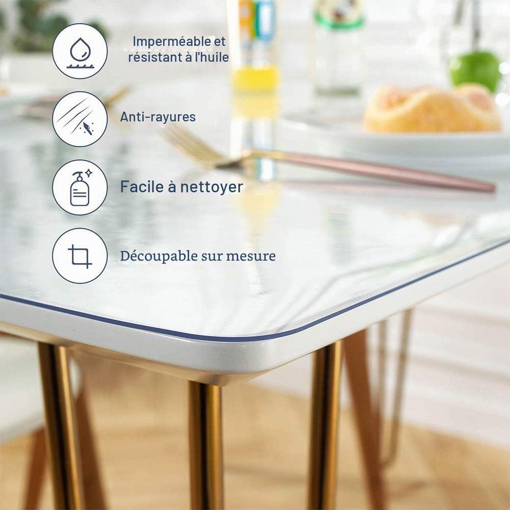Nappe Transparente Épaisse Transparent 1,5 mm, 90 x 160 cm, avec Bords Biseautés, Protection de Table en PVC, Antidérapante, Résistante aux Rayures, Facile d'entretien