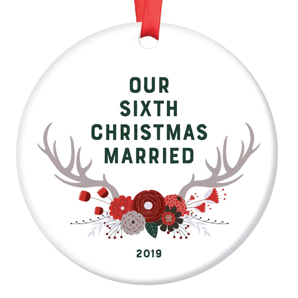 Sixth Christmas Married Ornament Six 6 Years Together Husband Wife Mr & Mrs Anniversary Keepsake Gift Couple Woodsy Antlers Boho Floral Tree Decoration Ceramic 3" Flat Circle Gold Ribbon