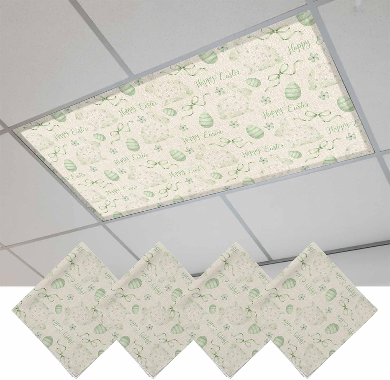 2x4 ft Fluorescent Light Cover for Ceiling Happy Easter Egg Farm Rabbit Magnetic Light Filters, Green Bow Vintage Linen Ceiling Lampshades for Home School Office 4Pcs