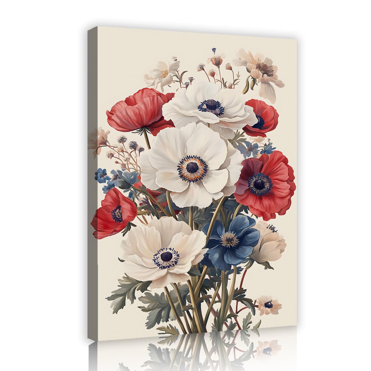 Via Vela Vintage Anemone Framed Canvas Wall Art Red White Botanical Flower Picture Cottagecore Floral Bouquet Artwork Poster For Apartment Corridor Entryway 50x75cm