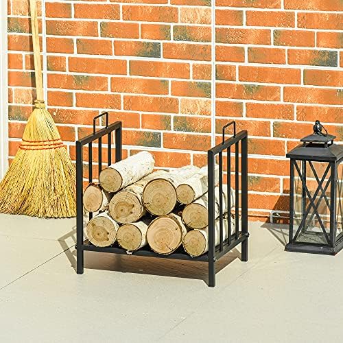 Outsunny Metal Firewood Log Holder Indoor Outdoor Firewood Rack Fireplace Wood Storage Shelf w/Handles, Rust-Resistant, Black, 42L x 32.5W x 46Hcm