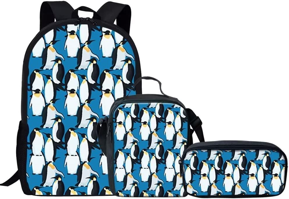 GIFTPUZZ Penguin Print Backpack Set 3 Pieces Include 15Inch Book Bag/Pencil Case/Lunchbox Fashion School Bookbags Daypacks Laptop Backpack for Teen Girls Boys