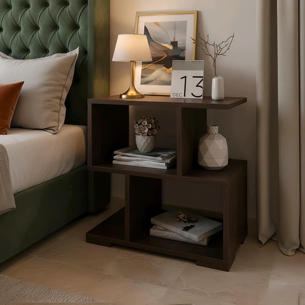 HINDON Wooden Modern Side Tables for Bedroom | Bedside Table for Bedroom | Side Table for Bed Room | Wooden Side Table | Corner Table for Bed Room, 3 Shelves,(Brown)