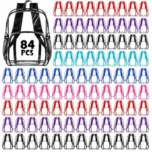 Image of Amylove 84 Pcs Clear Backpack bulk for Stadium Events Heavy Duty PVC Transparent Bookbag for College Workplace Security (15 Inches,6 Colors)