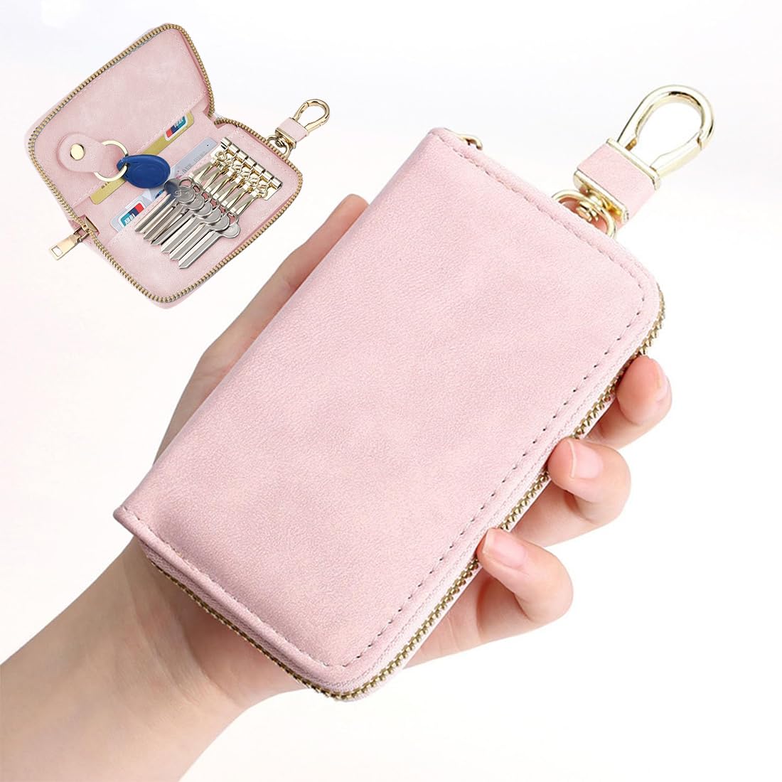 KSJEHW KSJEHW Llavero Piel Genuina de Mujer y Hombre,Piel auténtica, Cierre con Cremallera, Estuches de Llaves, Llavero Coche,Portátil Organizador Llaves con 6 Ganchos
