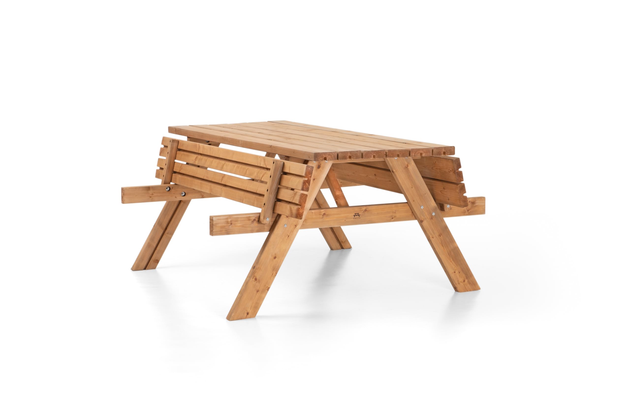 AMATA Mesa de picnic de diseño clásico con asientos plegables, colección UNGURS, mesa de picnic de madera resistente a la intemperie para exteriores, perfecta para jardín y patio (avellana oxidada)