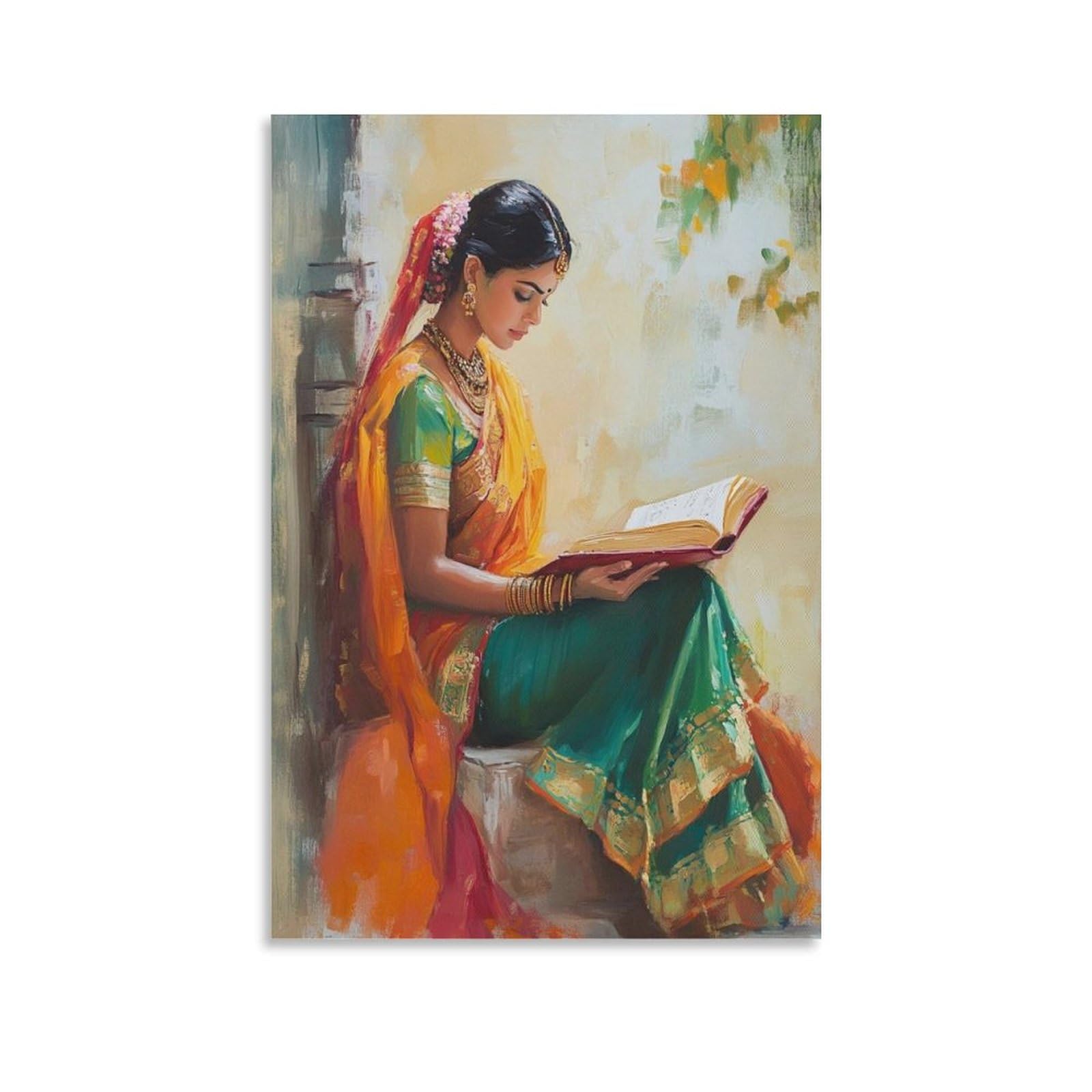 Wjwart Indian Woman In Saree Canvas Poster Bedroom Decor Landscape Office Room Decor Gift 16X24inch(40X60cm)