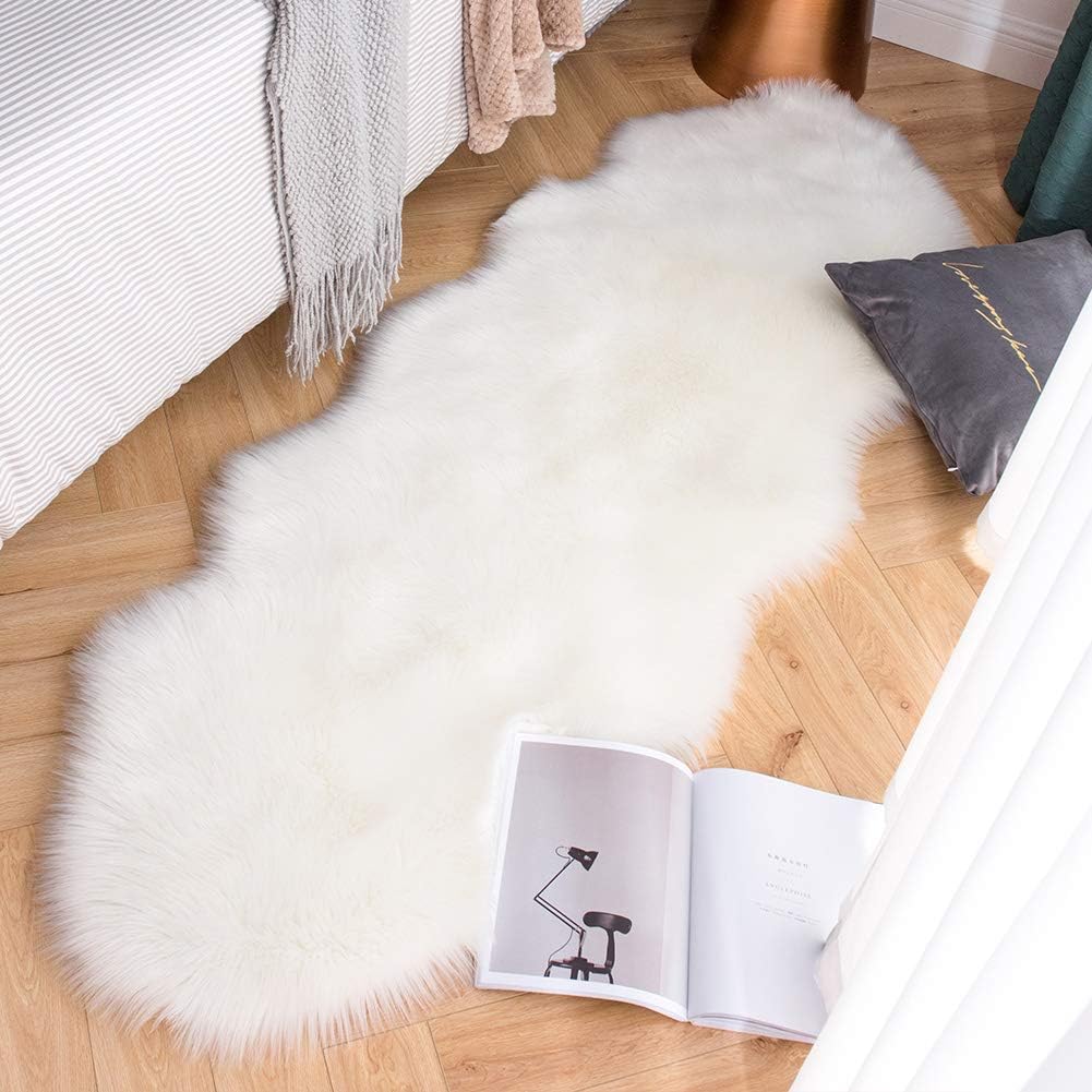 Carvapet Luxury Soft Faux Sheepskin Couch Seat Cushion Fake Fur Area Rugs for Bedroom and Living Room Runner, 2ft x 6ft, White 2 x 6 ft White
