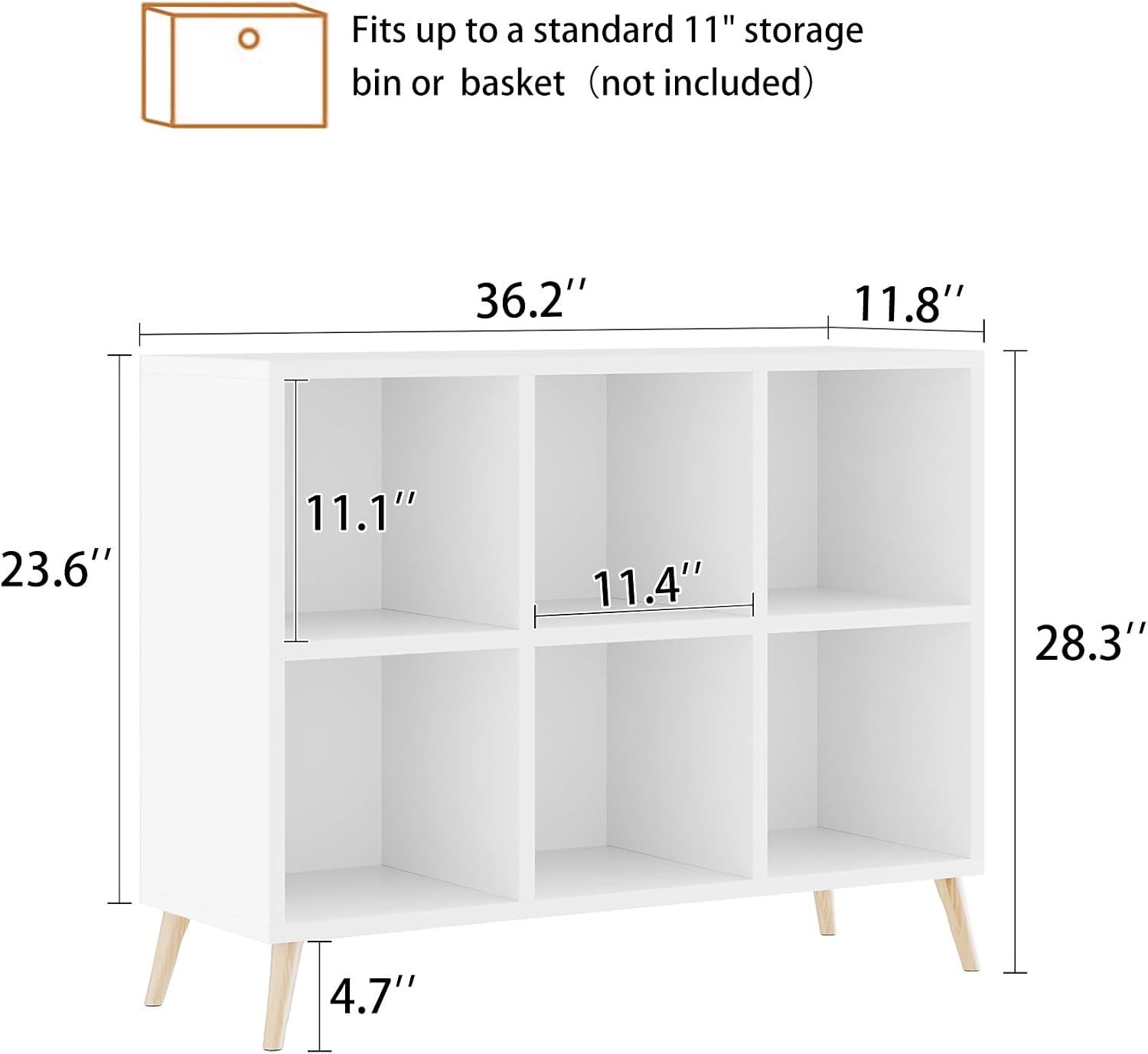 6 Cube Storage Organizer, Wood Bookcase with Legs, Modern Freestanding Cubby Shelving Unit, White Book Shelf Toy Storage Cabinet for Bedroom, Living Room, Kids Room, Fits 11 Inch Bins
