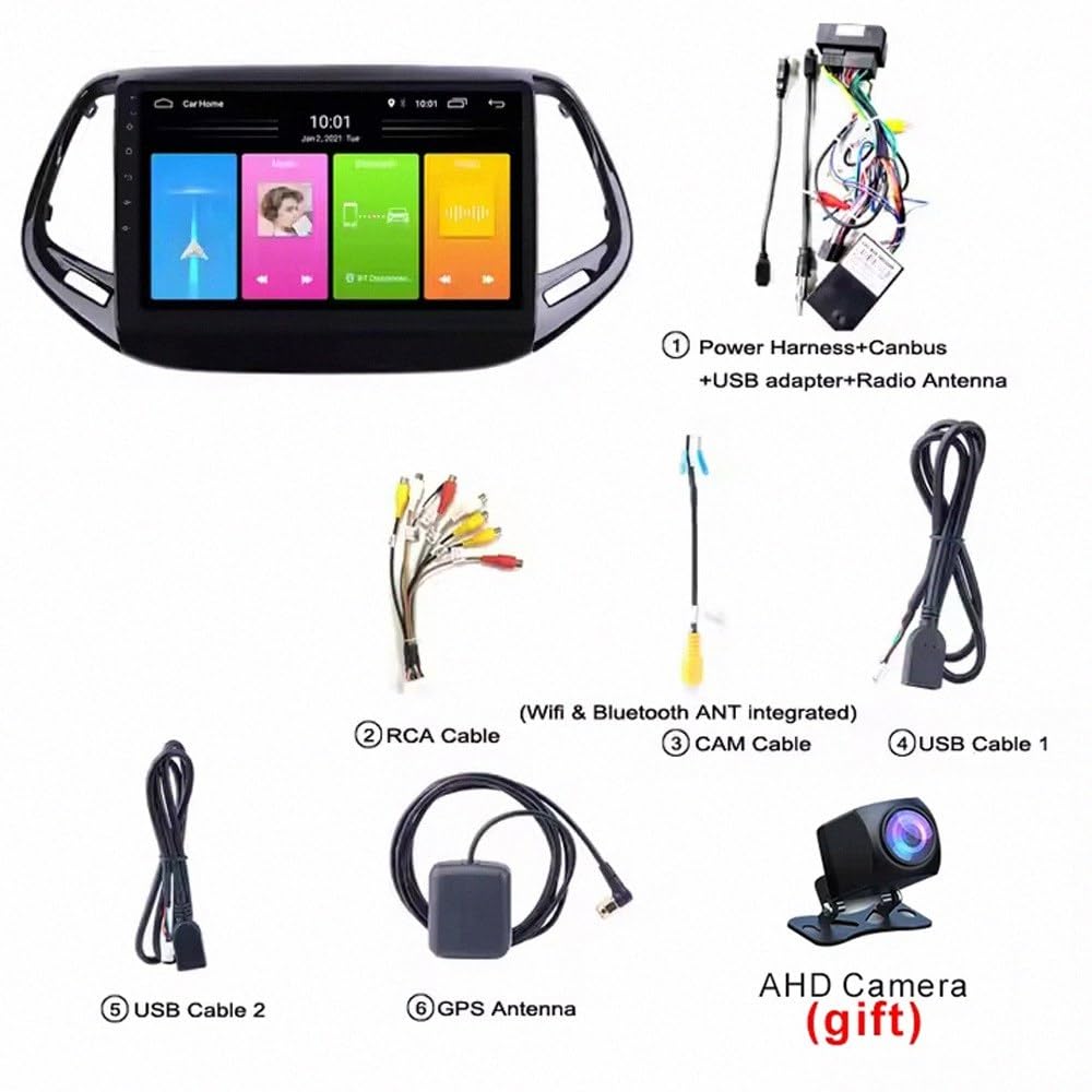 Car Stereo Carplay Radio de Coche para Jeep Compass 2017 2018 Soporta Bluetooth, Control Volante, USB, WiFi, 4G, Mirror-Link, GPS Navegador/Radio FM, 8 Nuclear 4G+64G