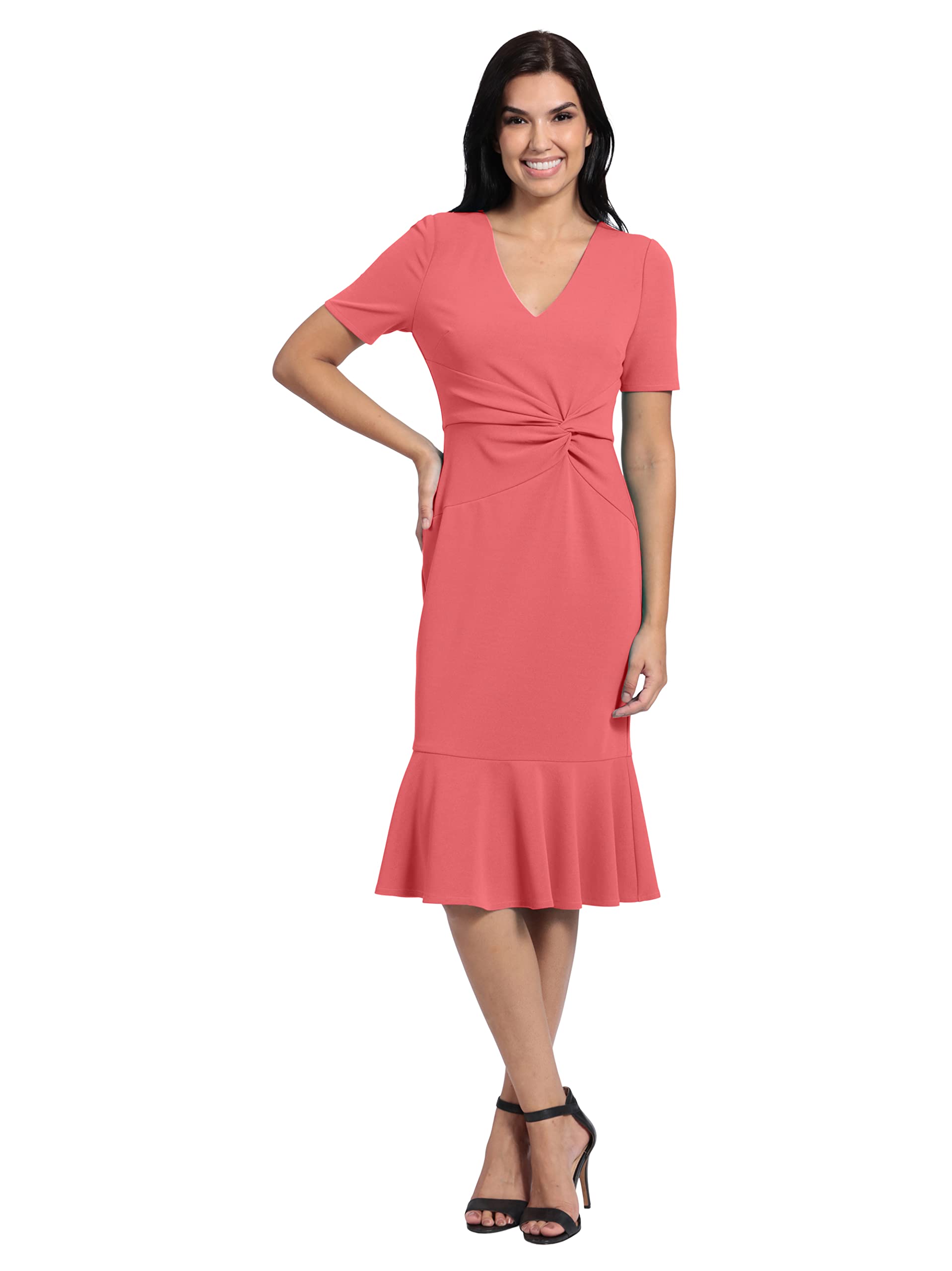 London Times Women's V-Neck Dress - Flounce Hem, Twist Waist, Elegant Office &amp; Event Wear