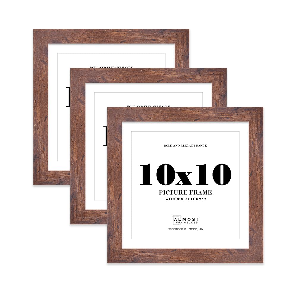 10x10" Rustic Wood Square Frame With Mount for 9x9" Pictures 28mm Edge Frame Display with Wall Hooks and Kickstand, 3 Pack