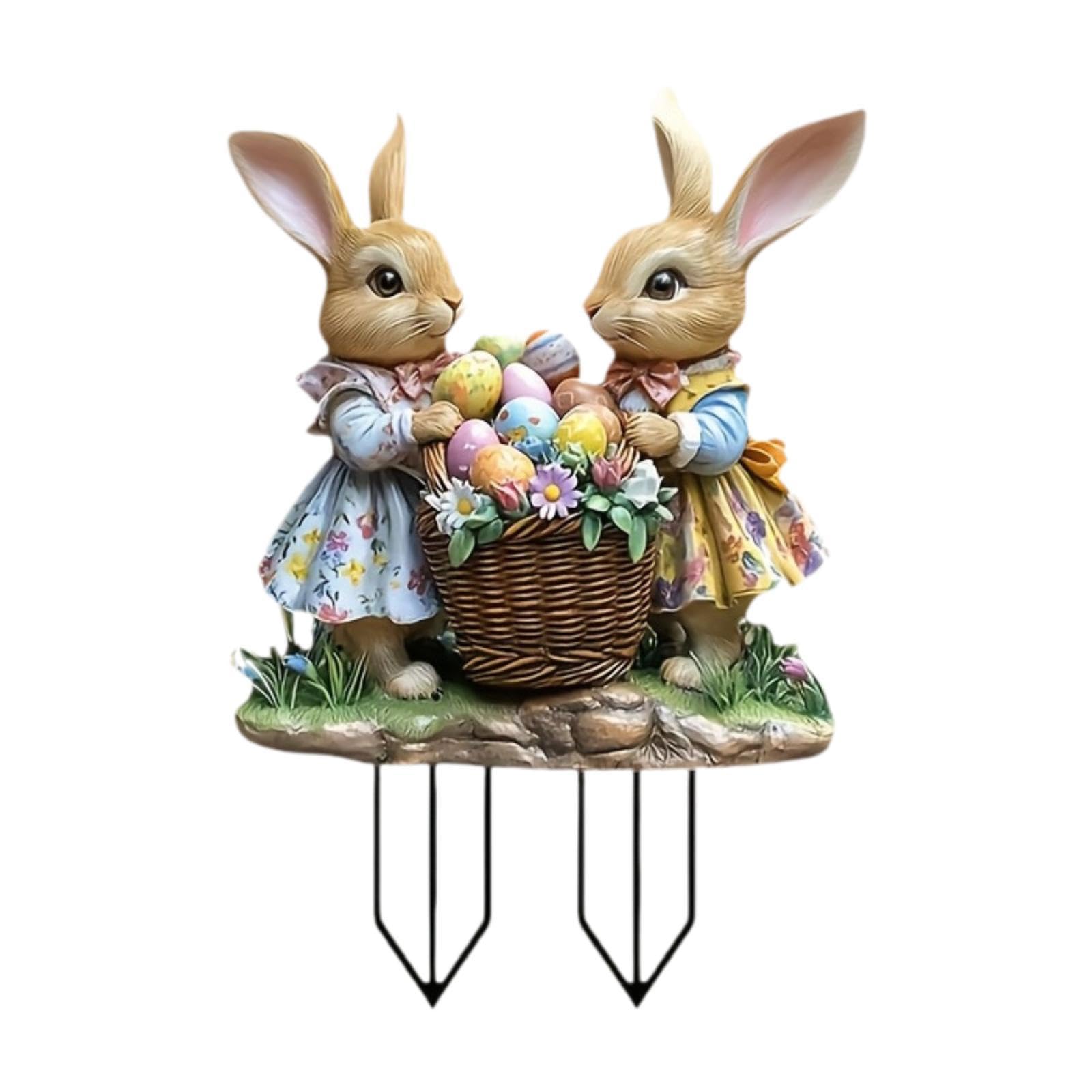 2D Flat Easter Bunnies with Basket Eggs Scene Garden Stake Planter Pot Stake-image-16