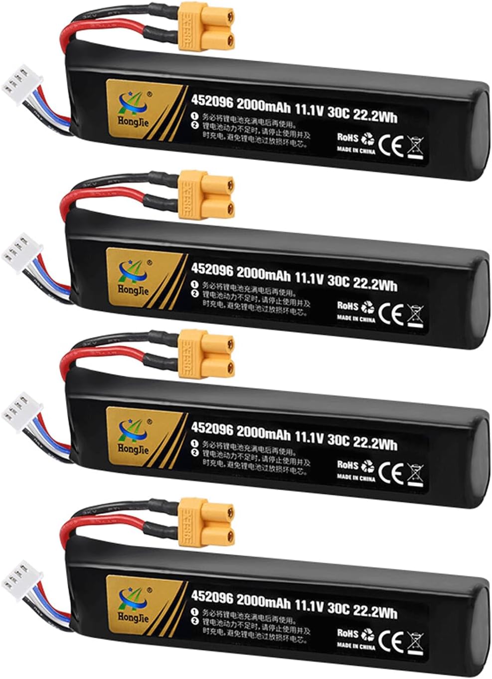 XXSTAR 4 Pack Airsoft Batteries 11.1V 2000mAh 452096 Lipo Airsoft Gun Batteries with XT30 Connector for Airsoft Model Guns Rifle Rechargeable Batteries