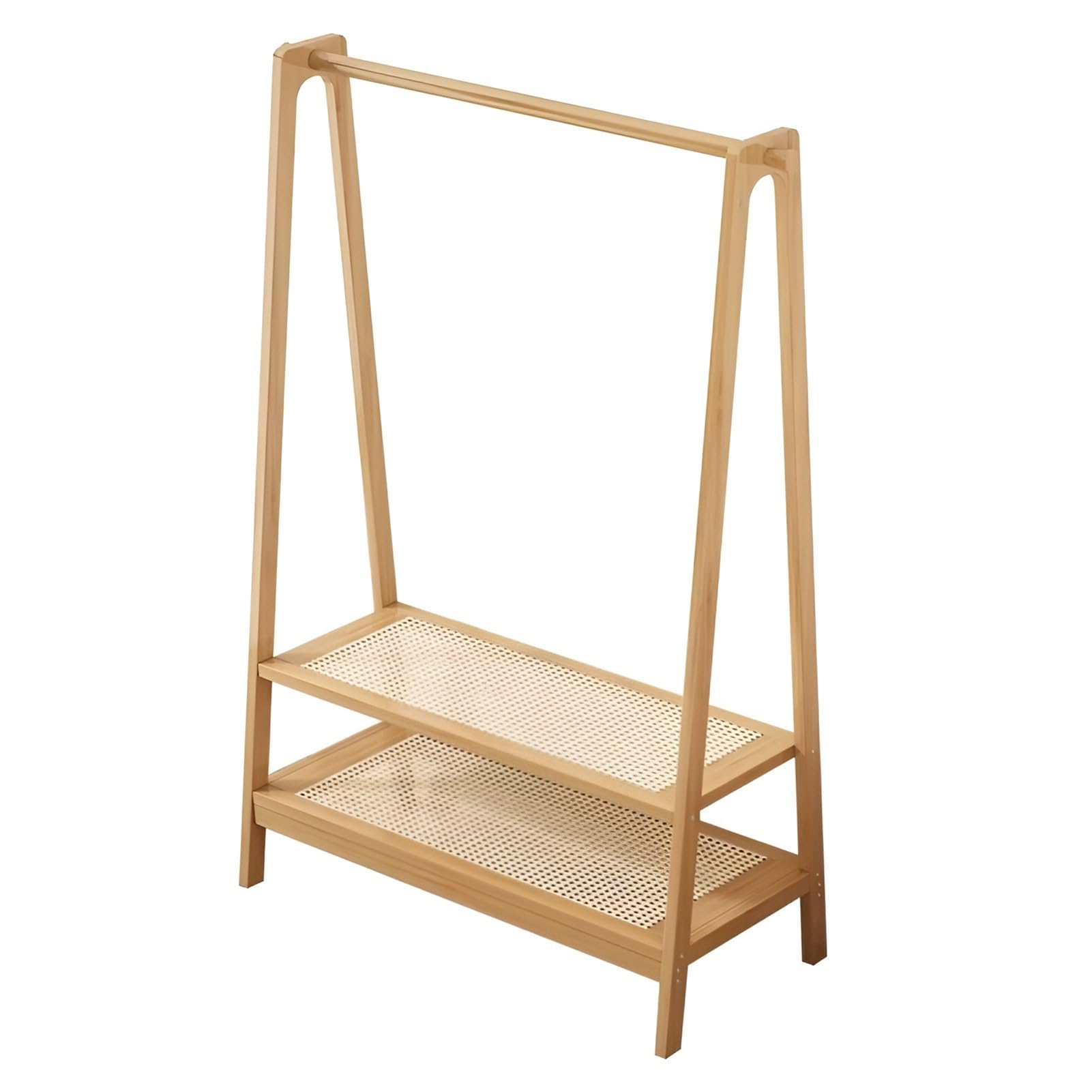 Bamboo Clothes Rack, Heavy Duty Clothes Rail with 2 Rattan Mesh Storage Shelf, Wardrobe, Garment Organizer for Bedroom, Laundry Room, Load 220lbs(95x36x154cm)