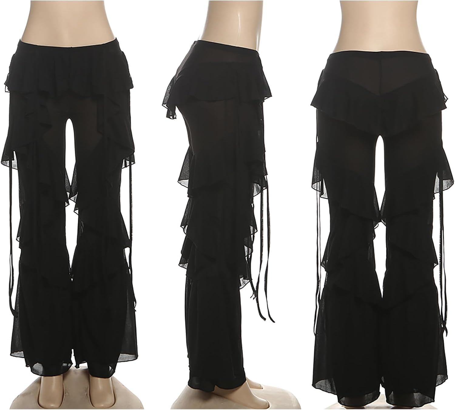 LETSVDO Women Ruffle Chiffon Pants Elastic Waist Wide Leg Flare Mesh Sheer Layered Bell Bottom Palazzo Cowgirl Trousers