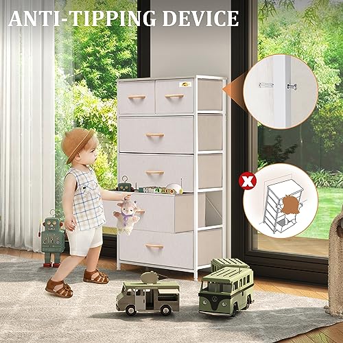 Image of Fabric Dresser for Bedroom, Tall Skinny Dresser with 6 Drawers, Storage Organizer Tower, Steel Frame Wooden Top for Closet, Living Room, Hallway(Beige)