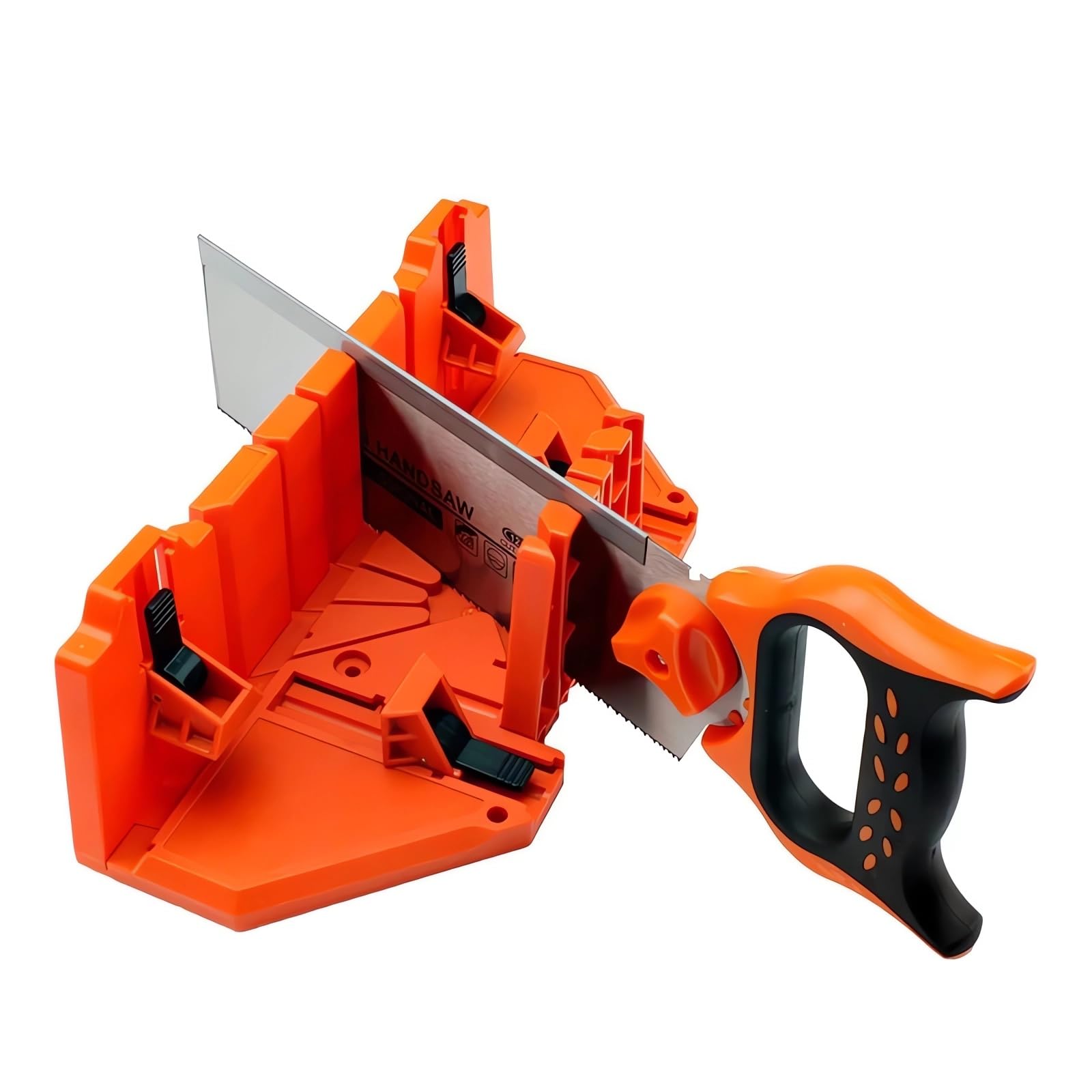 Boîte à onglets et scie en plastique de 35,6 cm, scie arrière en acier renforcé pour une coupe précise, préréglée à 90 degrés, 45 degrés, 22,5 degrés et 0 degré.