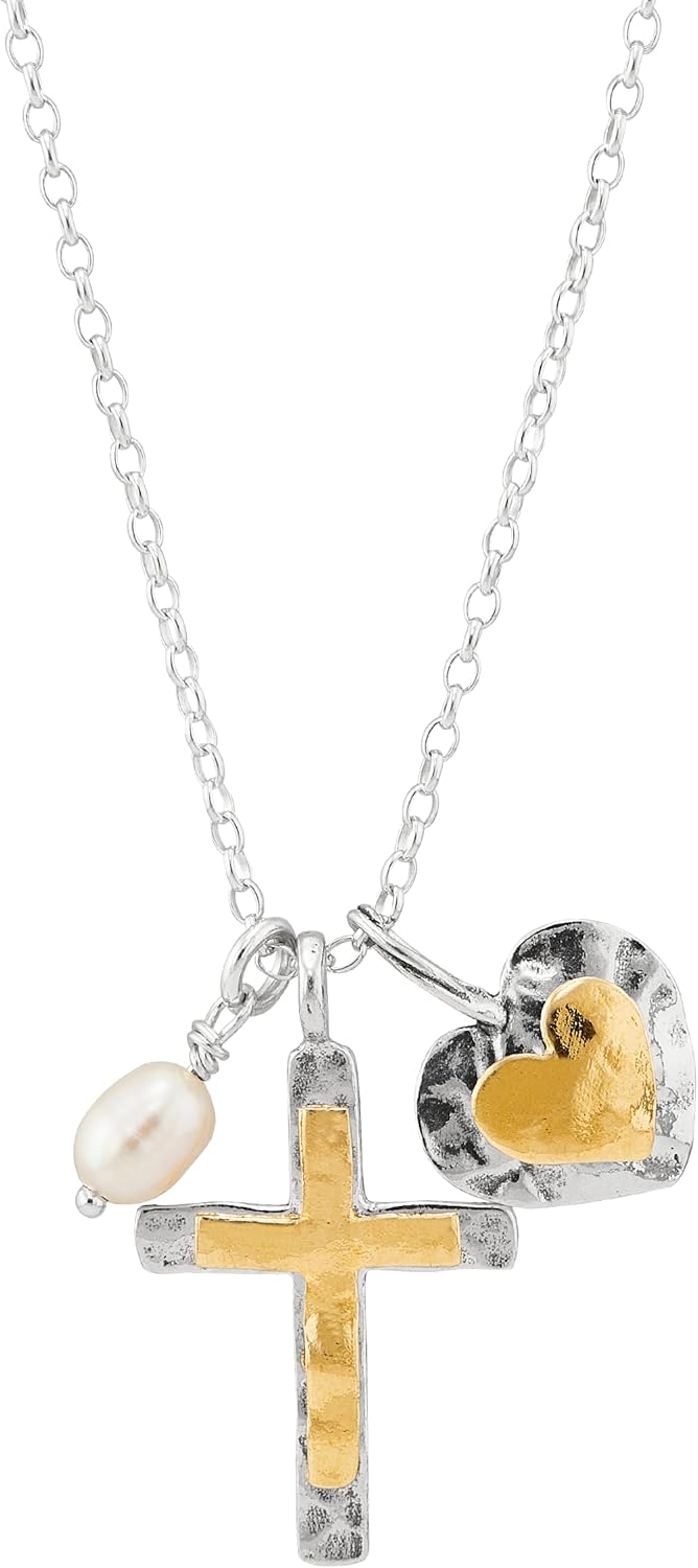 Silpada 'Powerful Duo' Silver with 14K Yellow Gold Plating Freshwater Pearl Cross Pendant, 18 + 2 inches
