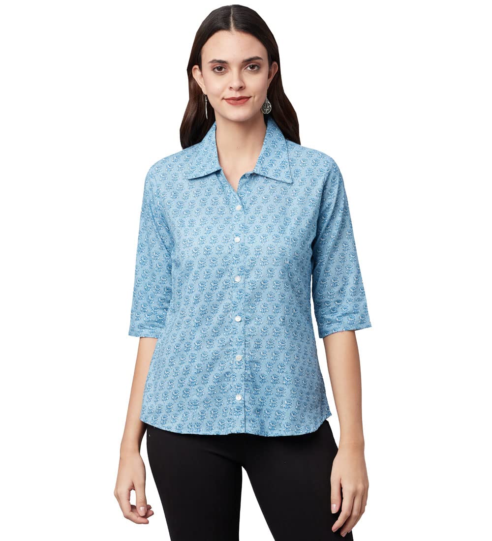 Sky Blue Block Printed Casual Women Shirts-image-25