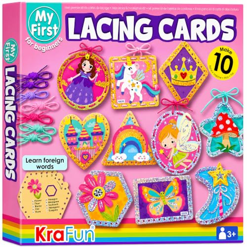 Image of KRAFUN Princess Unicorn Holographic Lacing Cards Age 3+ | 10 Projects | Holographic foil cards: Princess, Unicorn, Fairy & Castle. Fine motor skills. Premium gift for girls age 3+