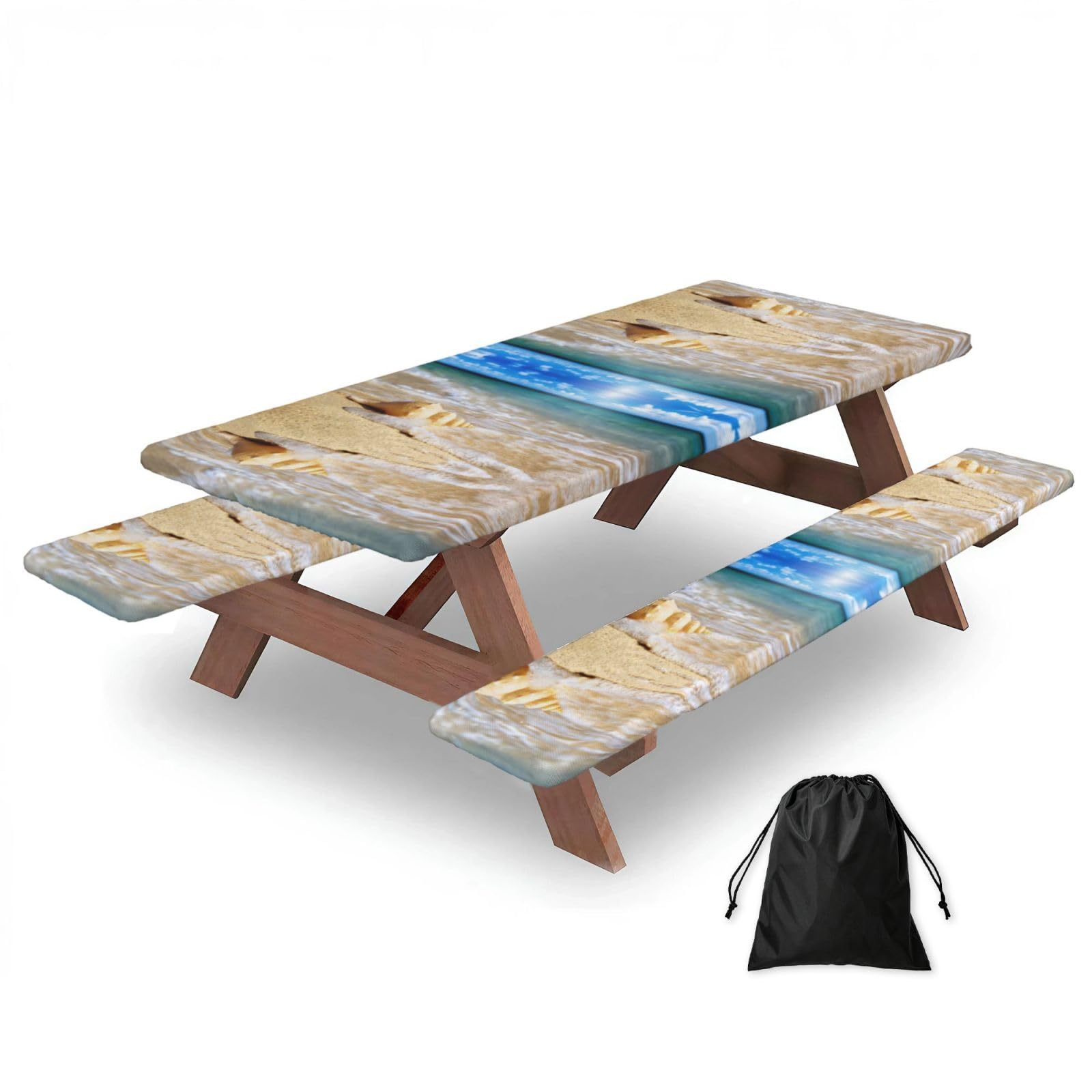 Zyjhyy Black Ocean Sea Wave Seashell Print 3 Pack Wipeable Picnic Bench Cover And Table Cover Lightweight Table Cloth For Camping Outdoor
