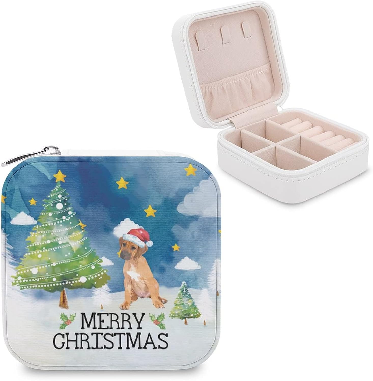 Merry Christmas Dog Pet Clumber Spaniel Small Travel Jewelry Box Organizer Display Storage Case for Rings Earrings Necklace Xmas Holiday Gifts for Woman Girlfriend Bestie