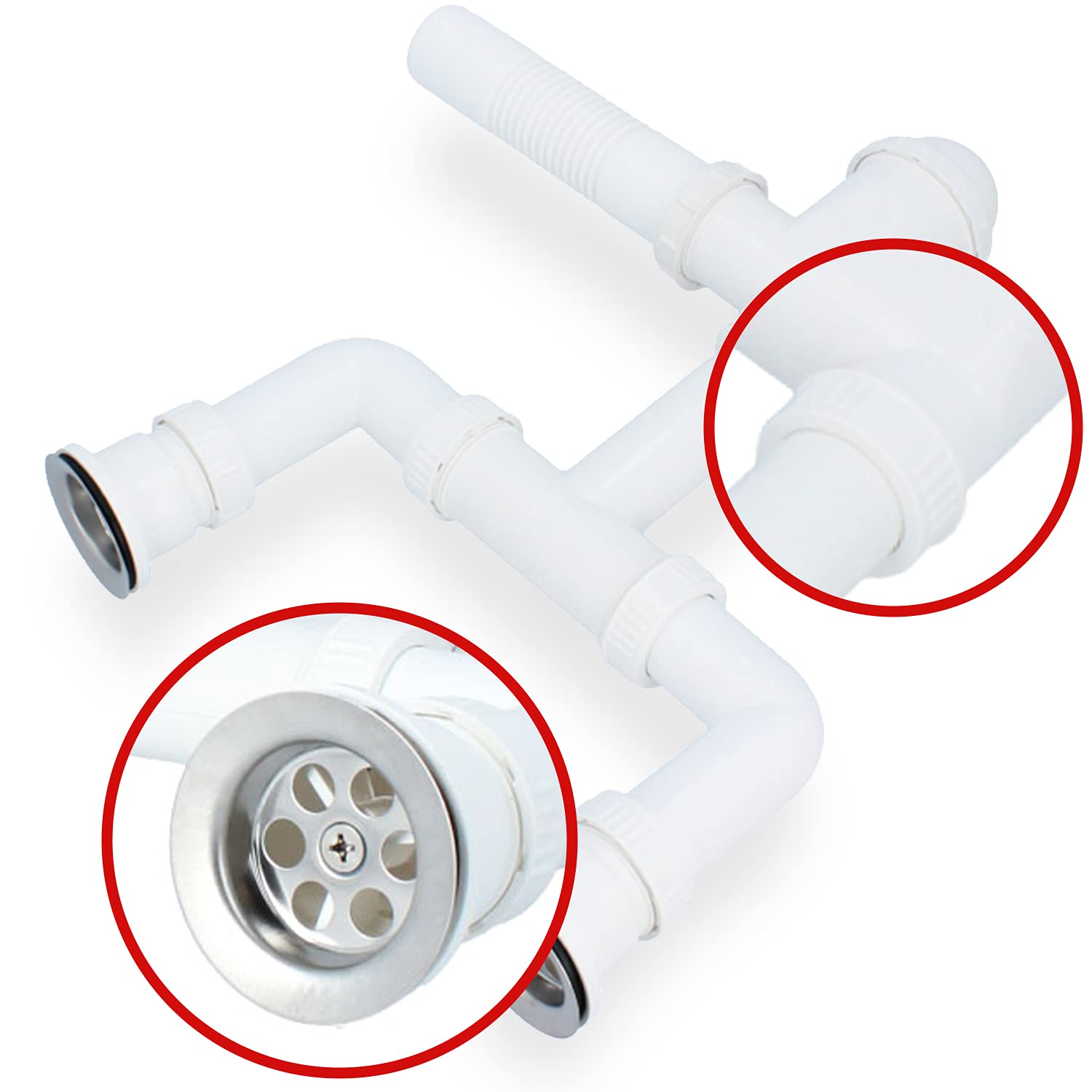 Sifón doble de 50 mm para lavabo doble con colador de desagüe, colador de metal y tapón para fregadero, sifón para fregadero, accesorios para baño, fregadero de cocina, tubo de desagüe