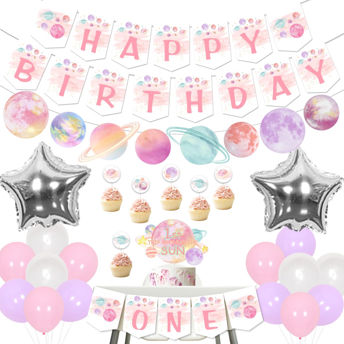 Fangleland First Trip Around The Sun Birthday Decorations, Girl’s Pink Space One High Chair Banner & Cake Toppers, Galaxy Happy Birthday Garland and