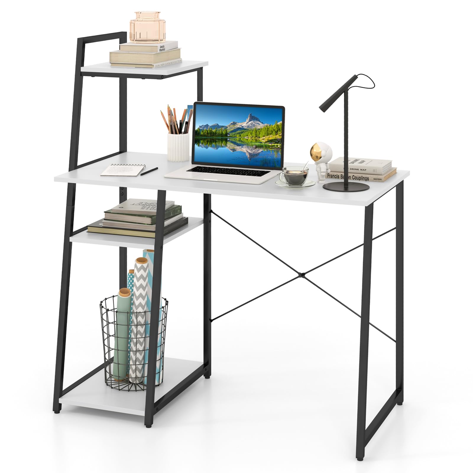 CASART Wooden Computer Desk, 4 Tier Shelves Laptop Table with Foot Pads, Steel Frame Wide Desktop Study Writing Desks for Home Office (Black + White)