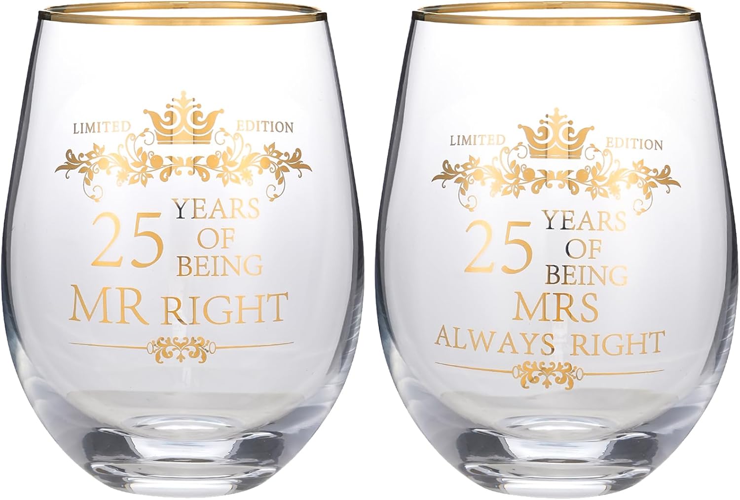 COFOZA Set of 2 25th Wedding Anniversary 15 Ounces Wine Glasses Tumblers Mr Right Mrs Always Right 25 Years Anniversary Cups Present for Couples Parents Gifts