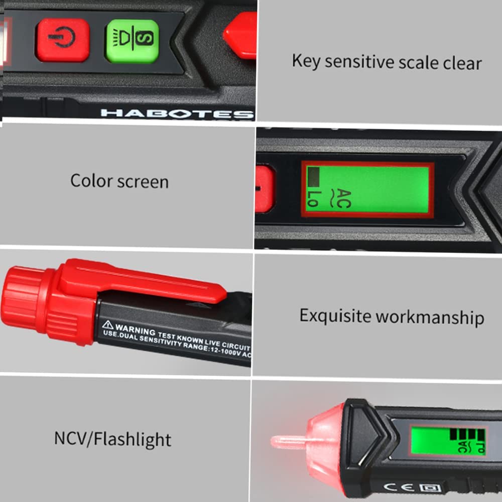 Kaiweets AC bezdotykowy próbnik napięcia/fazy,tester prądu AC 12-1000V/48V-1000V, brzęczyk akustyczny i kontrolka, z wyświetlaczem LCD i latarką