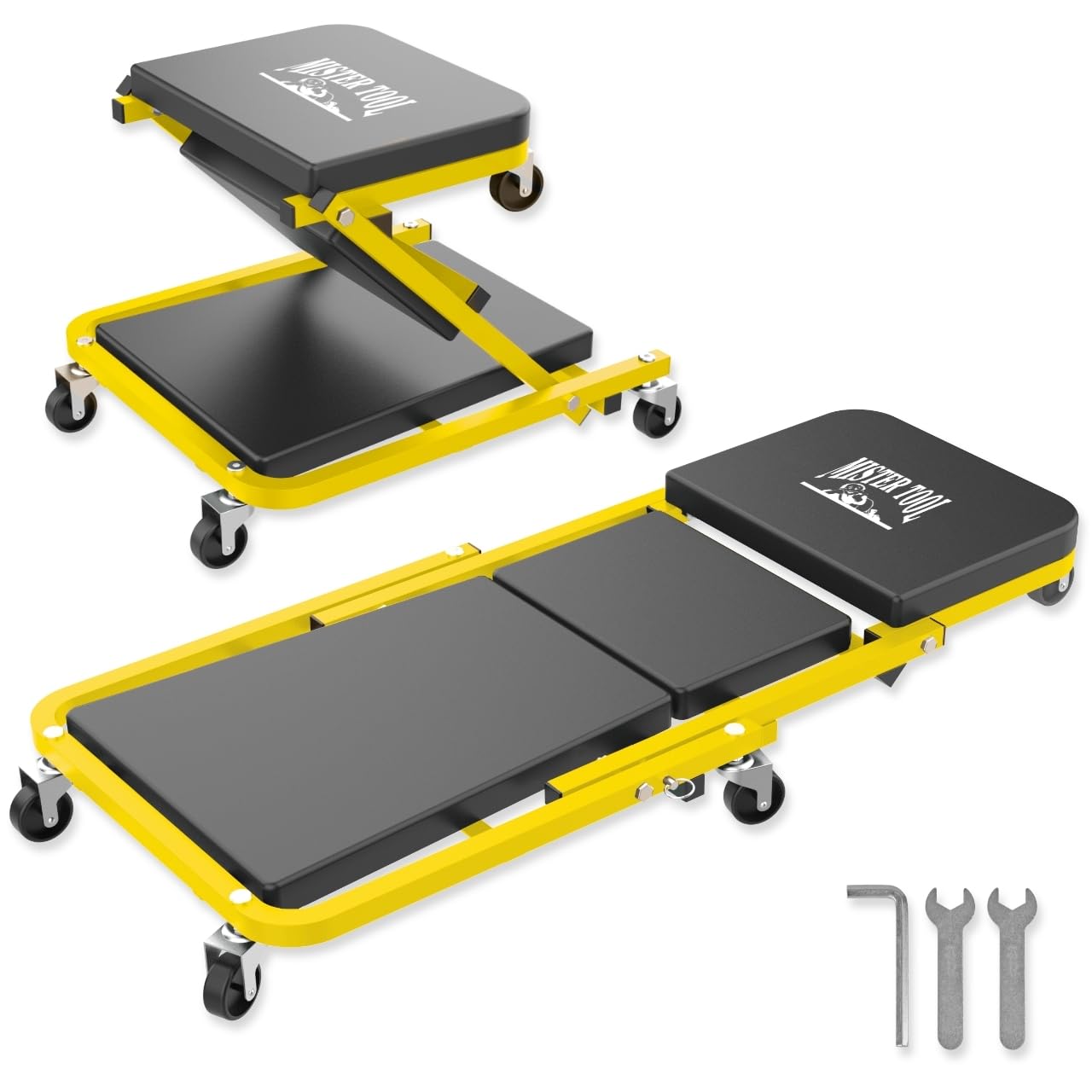 WALTER Mister Tool 2-in-1 Montage Rollbrett & Werkstatthocker | 150 kg Tragkraft | Werkstattliege & Rollsitz | 360° drehbar | Ideal für Autoreparatur, Reifenwechsel & Werkstatt