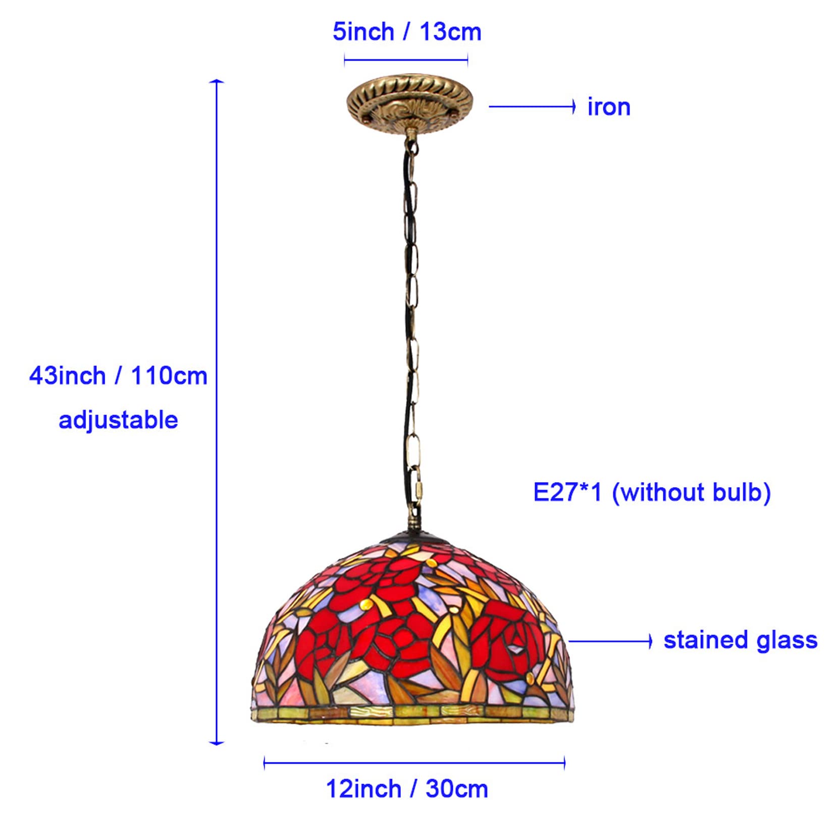Lámparas Colgantes de vitral Vintage Estilo Antiguo, lámparas Colgantes Estilo campestre con Rosas Rojas, lámparas de Techo para Isla de Cocina o Comedor, Casquillo E27, 30 cm (12 Pulgadas),