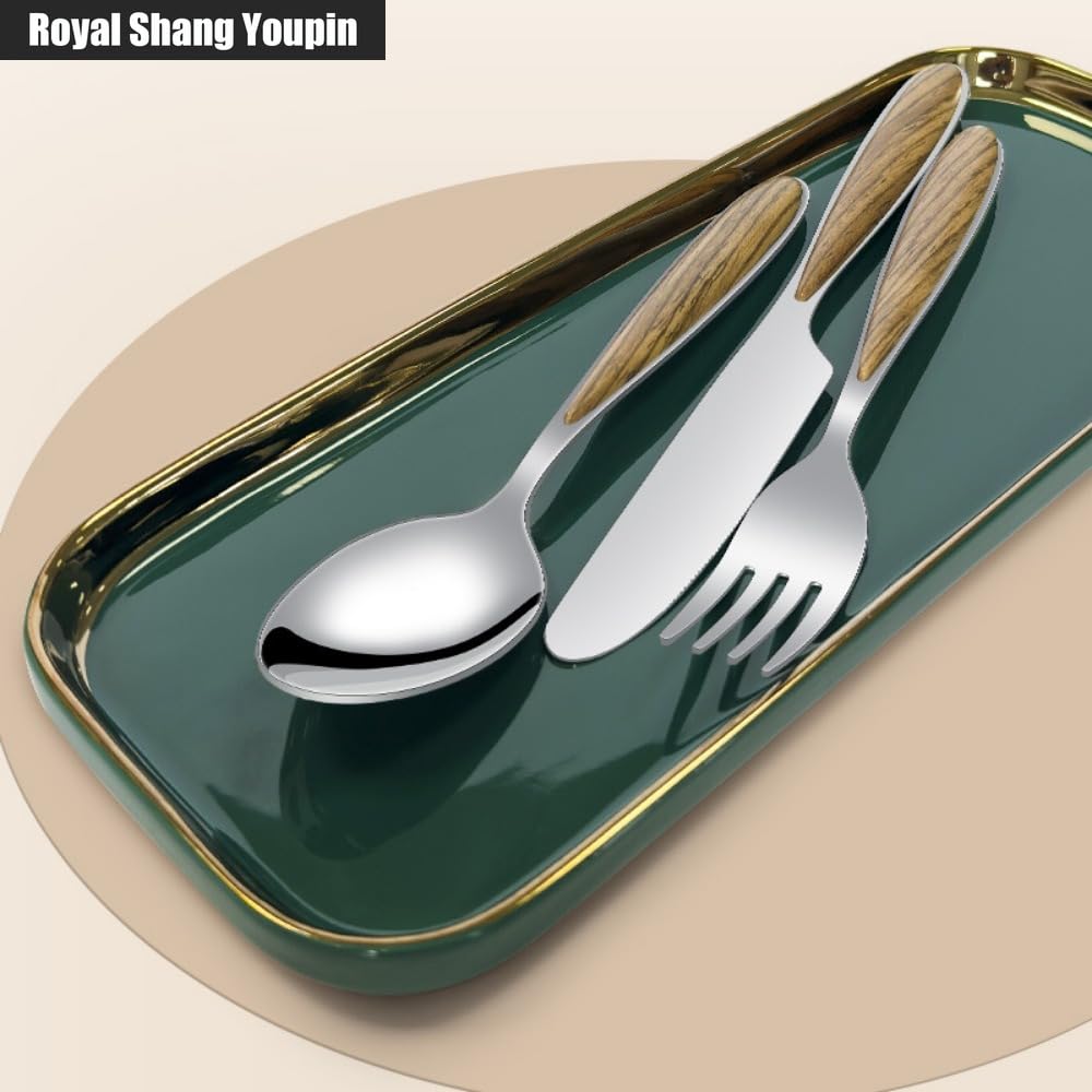 Cucina Imitazione Grano Del Legno Manico in Acciaio Inox Posate Da Tavola Posate Set Di Posate Coltello Da Bistecca Forchetta Cucchiaio Cucchiaino (A,20 pezzi)