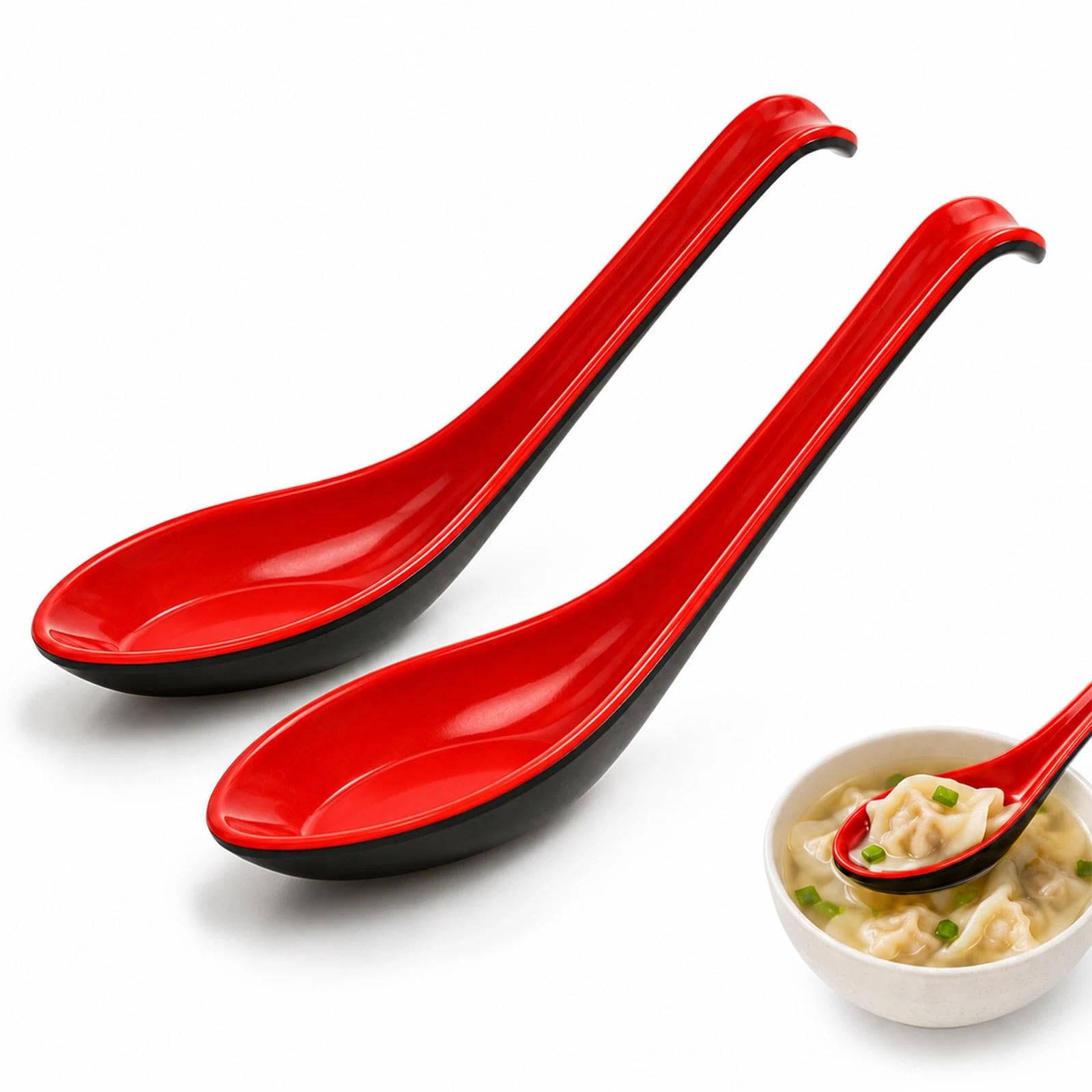 2 Pack Asian Chinese Soup Spoons, Red Black Plastic Ramen Noodle Spoons, Heat Resistant Dishwasher Safe Utensils for Wonton, Soba, Pho, Rice & Hot Soups